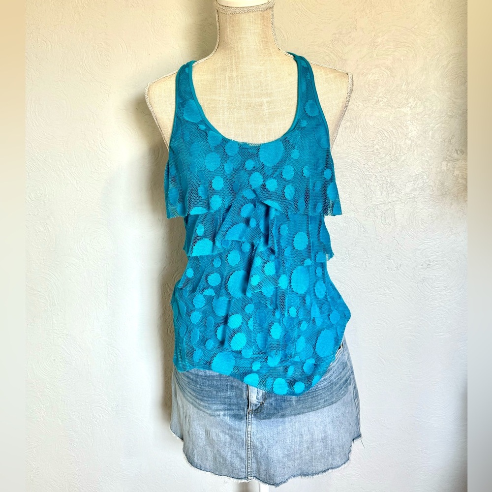 Heart Soul Vintage Y2K Blue Ruffled Womens Racerback Tank Top Women’s Size Large